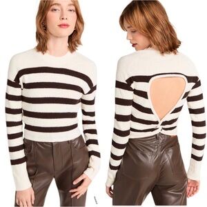 Nanushka Cotton Blend Terry Ivory Chocolate Stripes Crew Neck Cut Out Crop Top S
